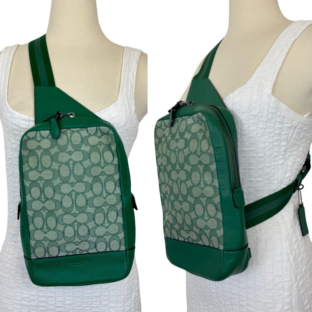 Coach Turner Pack Signature Canvas Leather Crossbody Slingback Bag Green C9609